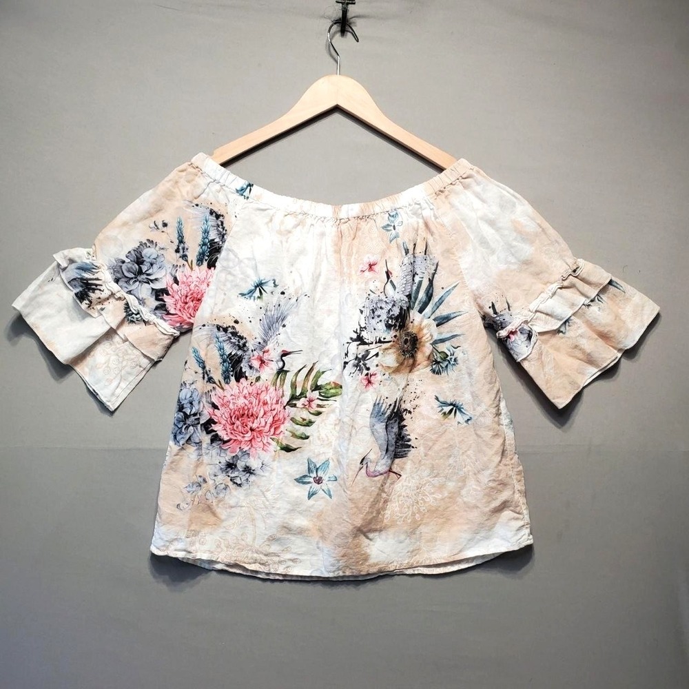 Hester & Orchard Linen Blend Top Womens XL Beige Off Shoulder Bell Sleeve Floral
